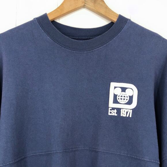 Disney Parks Spirit Jersey Puff Print Varsity Stripe Sleeve Size Medium Blue Whi - Picture 2 of 16